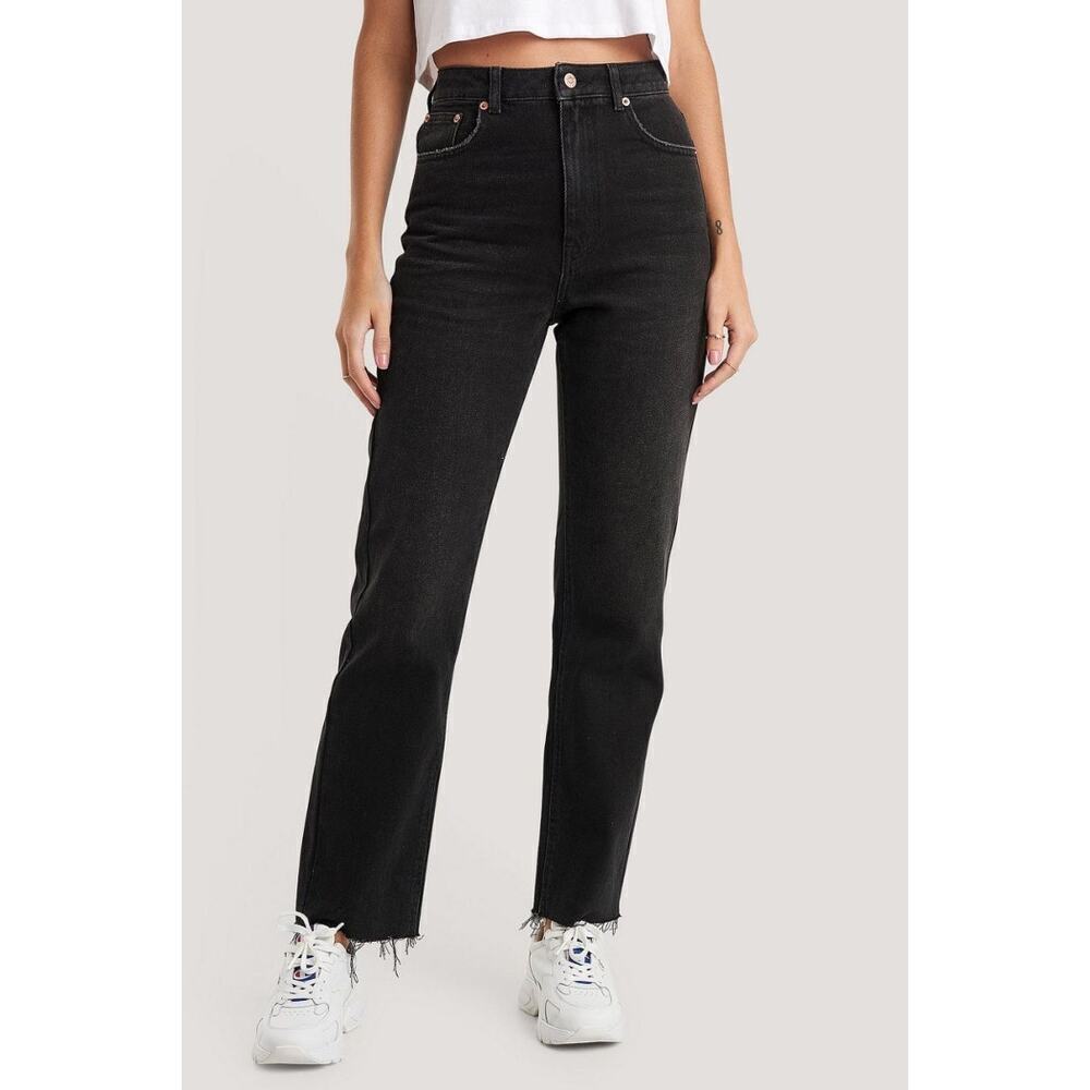 Na-Kd Reborn Straight Leg High Waist Raw Hem Jeans Black Retro Womens